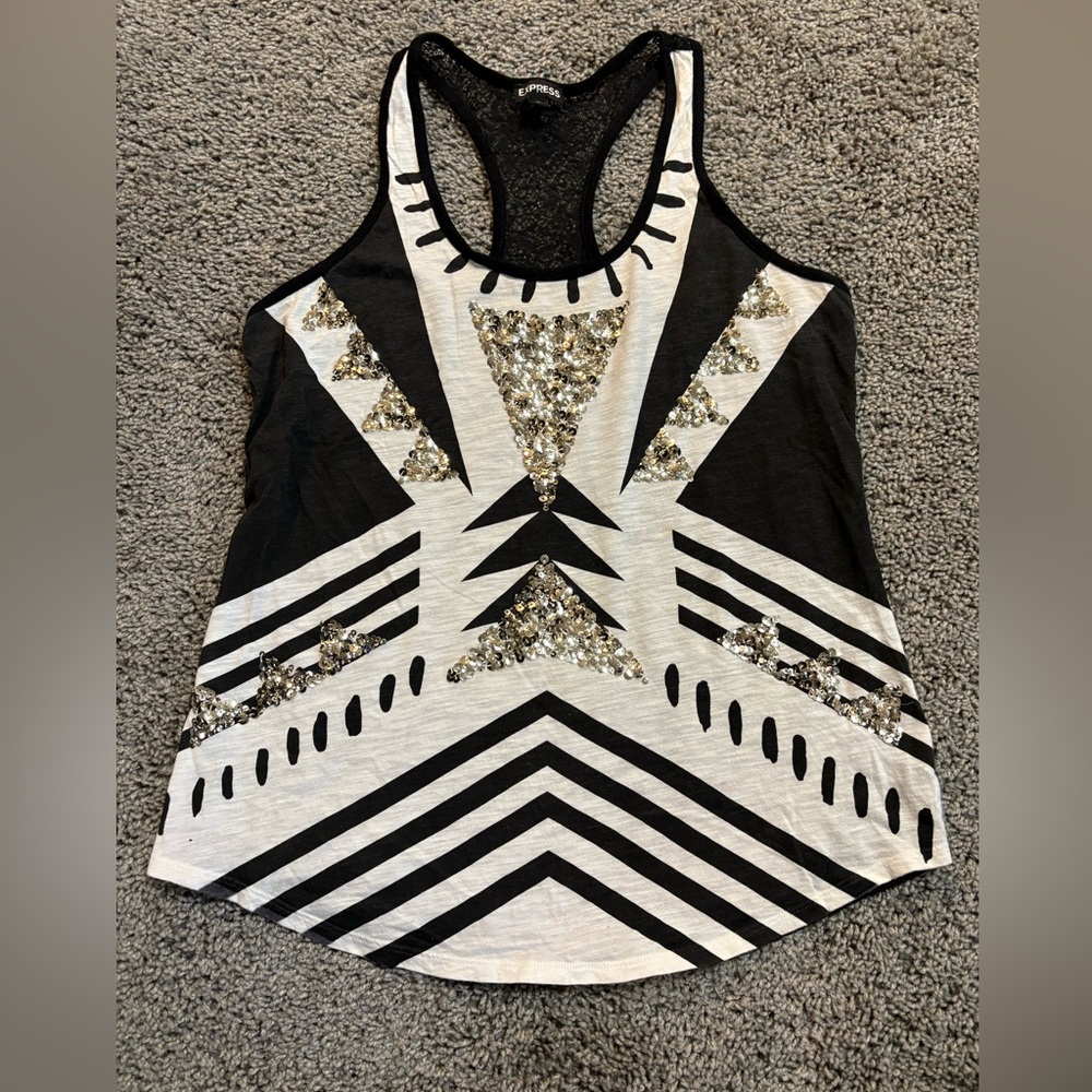 Women’s Express Black and White sequin Embellished Tank with black lace back, S - Picture 1 of 7
